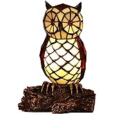 Bieye L10612 Owl on Branch Tiffany Style Stained Glass Accent Table Lamp Night Light, 10-inches Tall