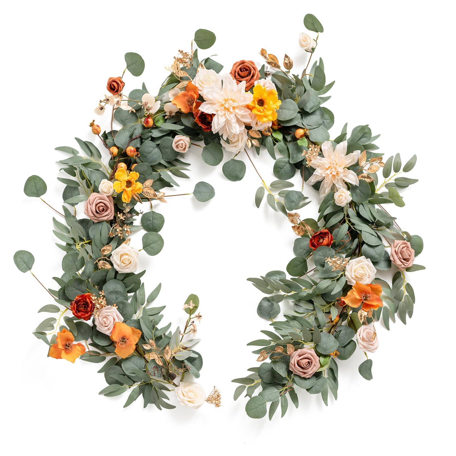 Photo 1 of Ling's Moment Fall Flower Garland - 6FT Eucalyptus & Rose - Sweetheart Table Decor for Wedding Reception, Artificial Floral Garland 