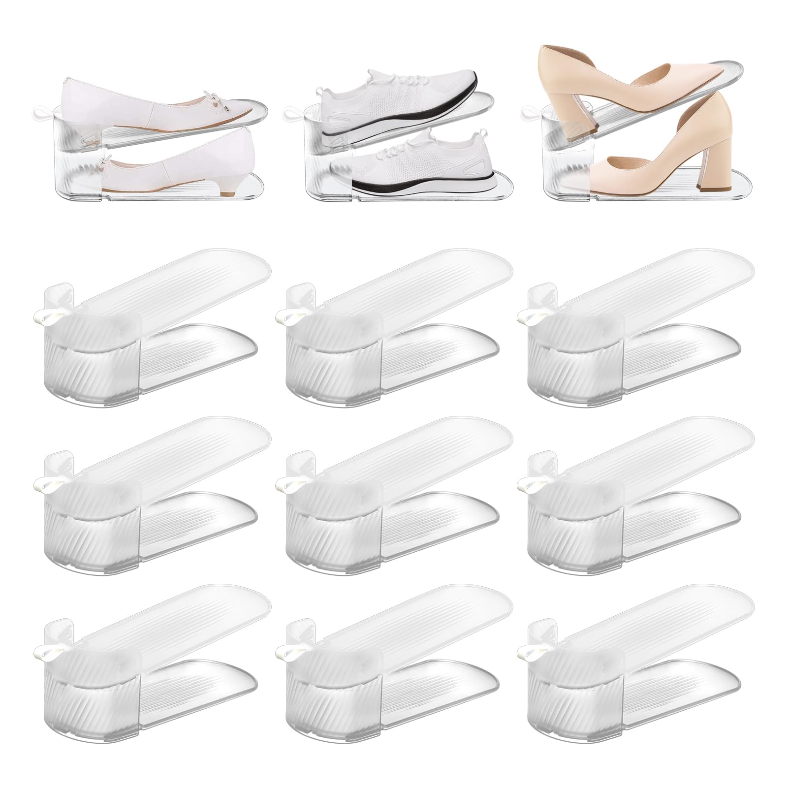 Photo 1 of HINMAYGO 12 Pack Clear Shoe Slots Organizer, Adjustable Double Deck Shoes Holder for A Pair of Shoes Double Layer Shoe Racks Shoe Stackers Organizers for Closet Space Saver