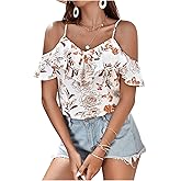 SweatyRocks Women's Ruffle Floral Cold Shoulder Blouses Boho V Neck Short Sleeve Tops Going Out Tops