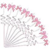 24 Pcs Pink Bow Straws Reusable Plastic Glitter Spiral Drinking Straw for Girls Pink Coquette Birthday Pretty Bachelorette Decorations Wedding Baby Shower Tableware