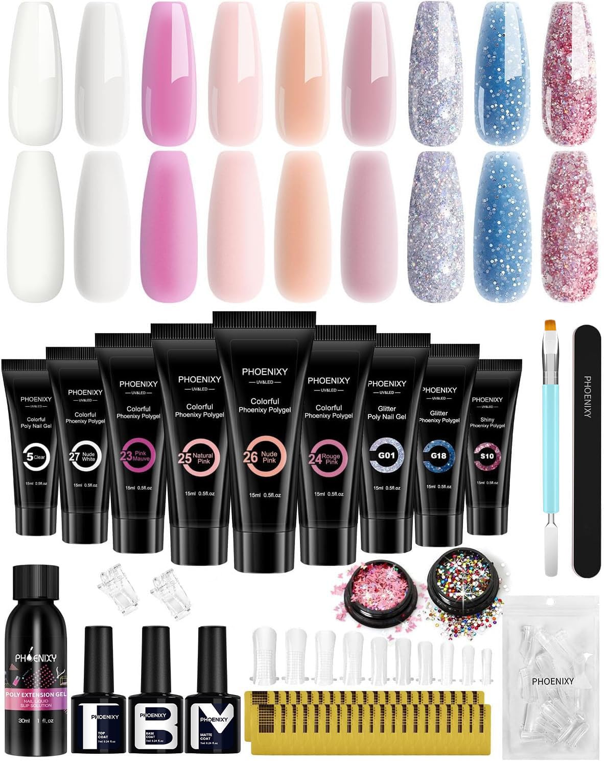 Poly Nail Gel Kit, Phoenixy 15ml 9 Colours Poly Nail Extension Gel Set Builder Enhancement Starter Kit with Slip Solution Basic Manicure Tools Gift for Women