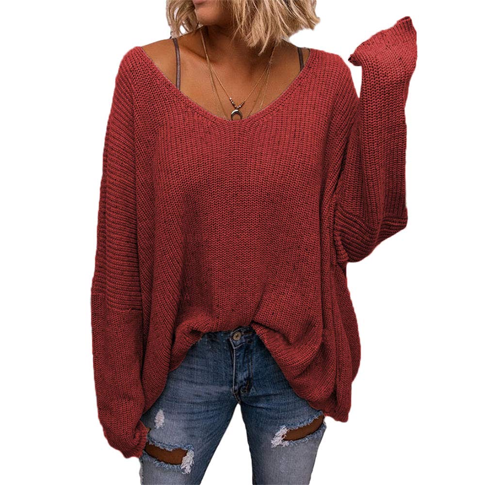 View 1 of ***HEAVILY WORN***BZB Women's V Neck Long Sleeve Knit Loose Oversized Pullover Sweater Red