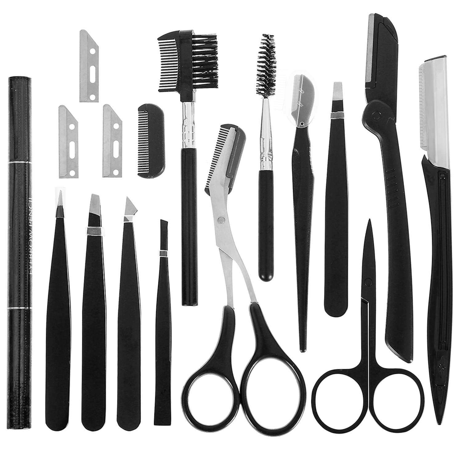 YOPAY 16 in 1 Eyebrow Grooming Kit, Eyebrow Kit Dermaplaning Tool Include Face Razor, Tweezers, Scissors, Comb, Trimmer, Brush, Beauty Tools Set for Men,Women into Clear Bag (6.3" x 3.15"): Beauty