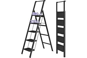 JOISCOPE 5 Step Ladder, Foldable Step Stools for Adults with Wide Anti-Slip Pedal, 600lbs Lightweight Sturdy Steel Ladder,Convenient Handgrip,Portable Folding Ladder for Home Kitchen Office,Black