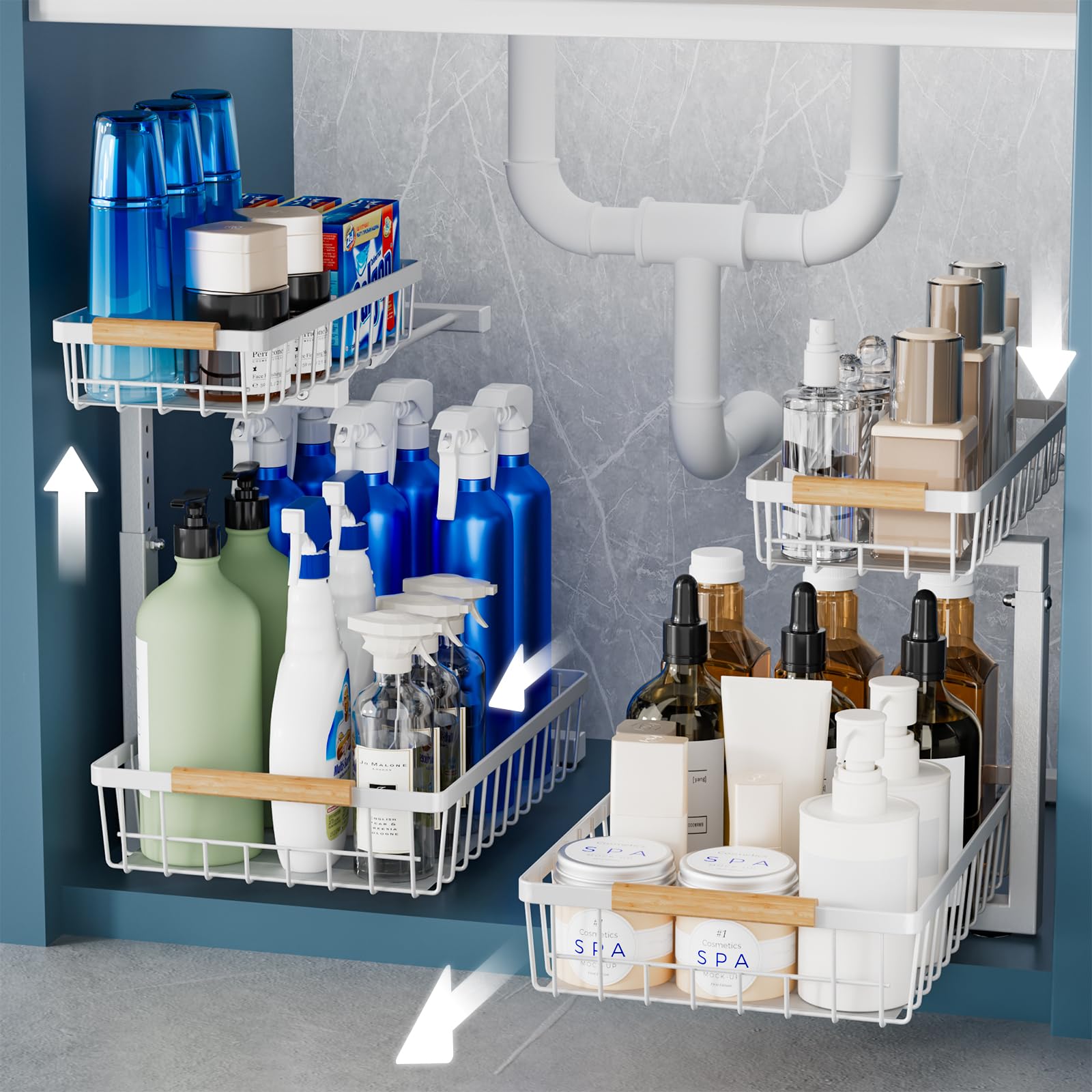 Photo 1 of VERIFOST 2 Pack Under Sink Organizers and Storage, Height Adjustable Under Sink Storage, Under Cabinet Organizer, Metal 2 Tier Pull out Cabinet Organizer, Bathroom Organizers and Storage, White