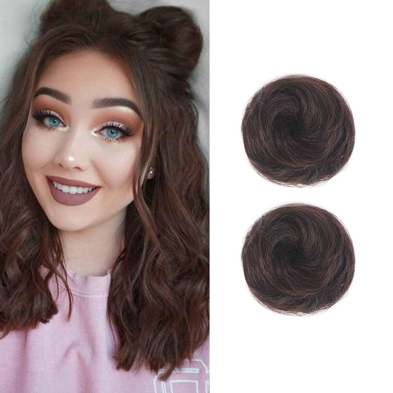 Dsoar 2PCS Mini Claw Fake Buns Straight Hair Bun Extensions Hair Donut Chignon Clip in Hair Scrunchies, Dark Brown, 2.0 count