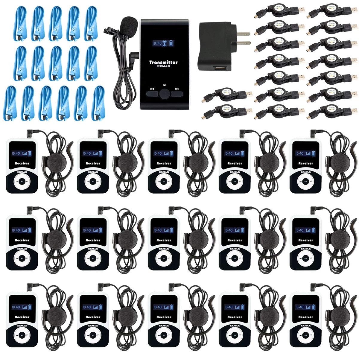 EXMAX Translation Equipment for Church ATG-100T 195MHz Wireless Audio Tour Guide System Voice Transmission for Interpretation City Tour Museum Exhibition Travel Classroom (1 Transmitter 15 Receivers)