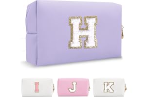 CHAOGREAT Personalized Makeup Bag Initial A-Z Preppy Patch Bag,Small PU Leather Travel Cosmetic Bag Pouch with Zipper,Purple Cute Toiletry Bag,Gift Ideal for Teen Girls Women Birthday Friend Mom,Latter H