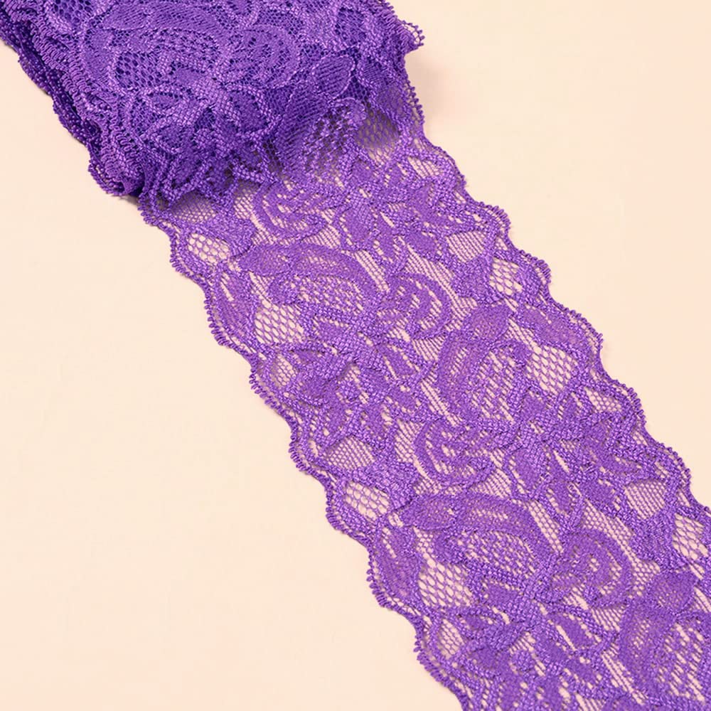 5 Yards Elasticity Lace Border Lace Ribbon, 8 cm Wide Colourful Lace Flowers Border Decorative Lace Trim Lace Fabric Lace Trim for Sewing DIY Craft Clothing Underwear Purple