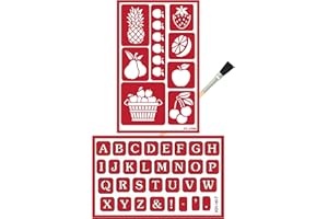 TRENDZEEN 2 Reusable Glass Etching Stencils - Fruit and Alphabet Stencil - Letters and Food Theme Design Self Stick Etch Template - Set with Brush