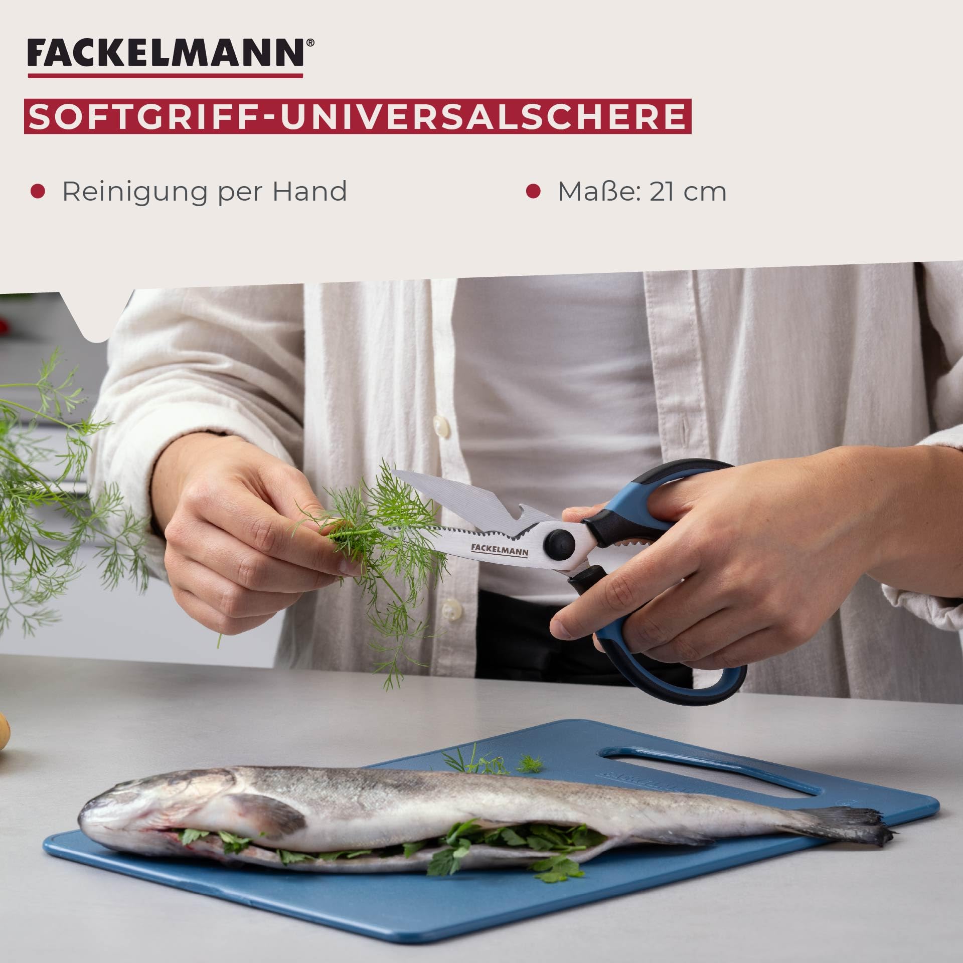 Fackelmann Softgriff-Universalschere – 21 cm, Multifunktionale Küchenschere mit Kapselheber und Schraubverschlussöffner, Reinigung per Hand, Blau 2