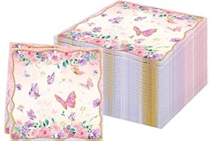 60Pieces Butterfly Disposable Beverage Purple Pink Butterfly Party Napkins Serviettes Rose Flowers Cocktail Paper Napkins 2 P