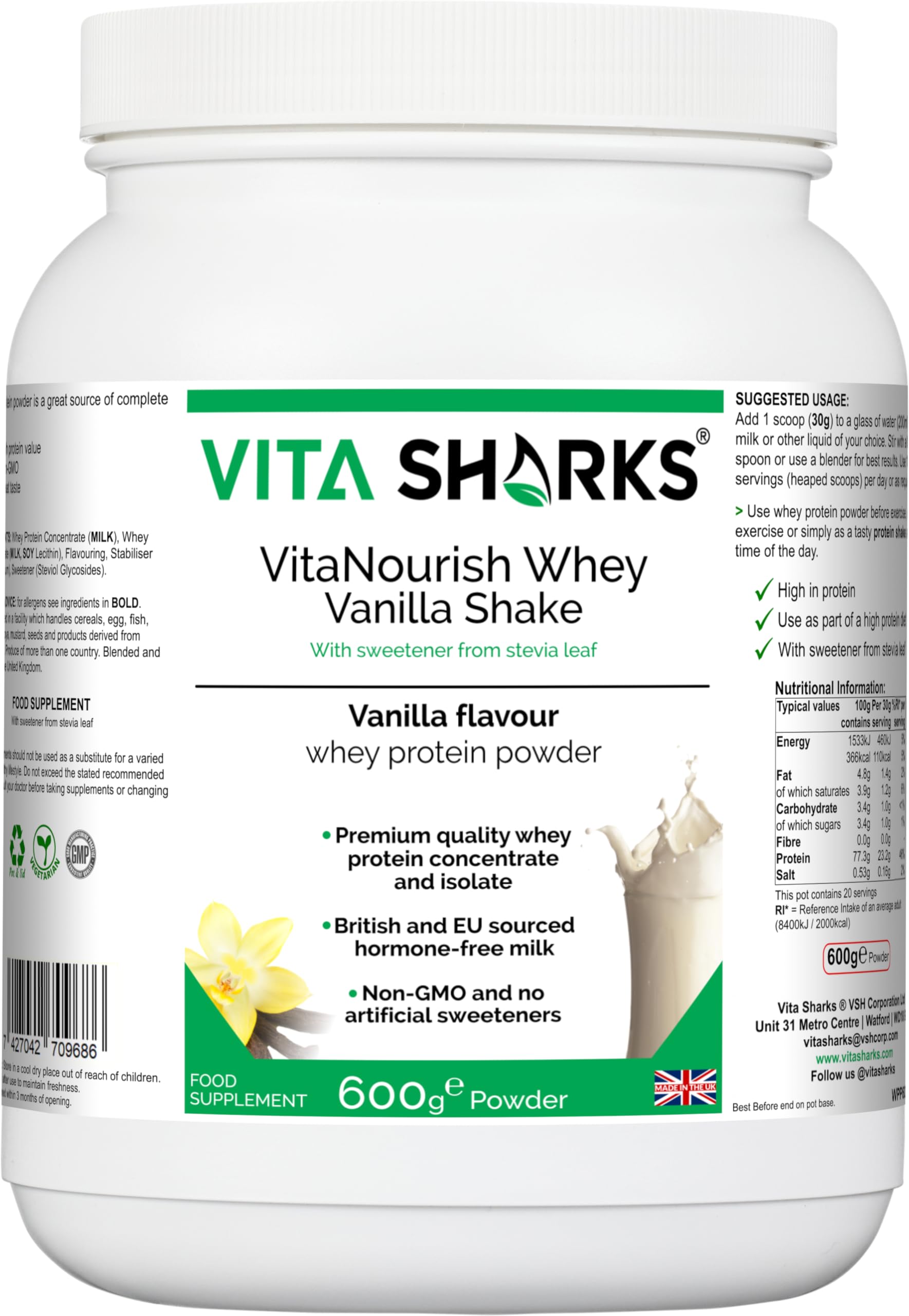 VitaNourish Whey Shake (Vanilla) - High Protein Vegetarian Powder Drink to Increase Muscle Mass, Strengthen Bones & Boost The Immune System with NO GMOs