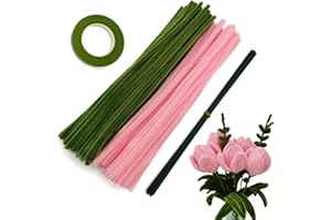 Cldamecy 200 pcs Pink OliveGreen Pipe Cleaners Set with Floral Wires & Gardening Tape, Chenille Stems Pipecleaners for Tulip Bouquet Making,Kids DIY Craft Projects and Decorations