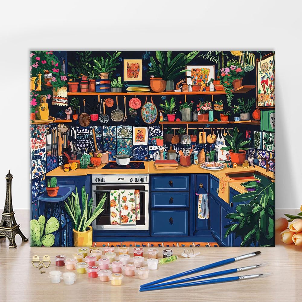 TISHIRON Paint by Numbers Kit for Adults, Adult Paint by Number Kits - Vibrant Kitchen Scene with Utensils and Green Plants, Cozy Interior DIY Art Painting for Beginners - 16x20 Inch — image 1