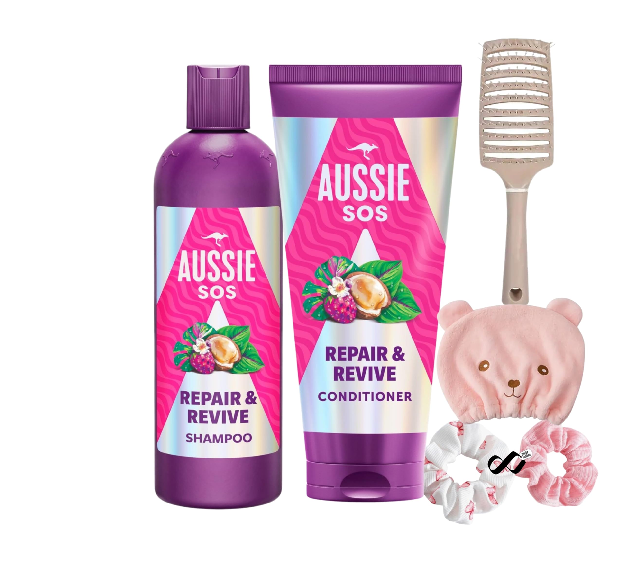 Hair Care Set with Detangling Brush, Hair Drying Cap & Scrunchies, Aussie SOS Repair & Revive 300ml Shampoo and 200ml Conditioner, to Revitalize Your Hair.
