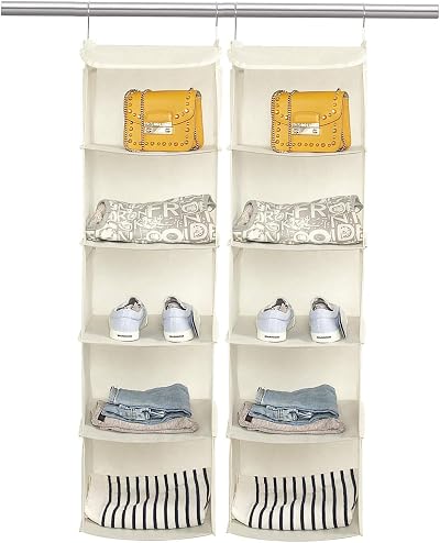 BrilliantJo 2PCS Hanging Wardrobe Closet Storage 5 Shelves 6 Pockets Beige