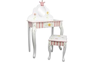 Fantasy Fields - Princess & Frog Kids Vanity Table and Stool Set , 1 drawer, Gift for Kids, White Pink, Crown