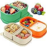 RAYBIN 3 Pack Silicone Reusable Snack Containers with Lids, 2 Compartments Leak-Proof Snackle Box Containers,Silicone Food Storage Containers for Office,School,Picnic - BPA Free (White,Green,Orange)