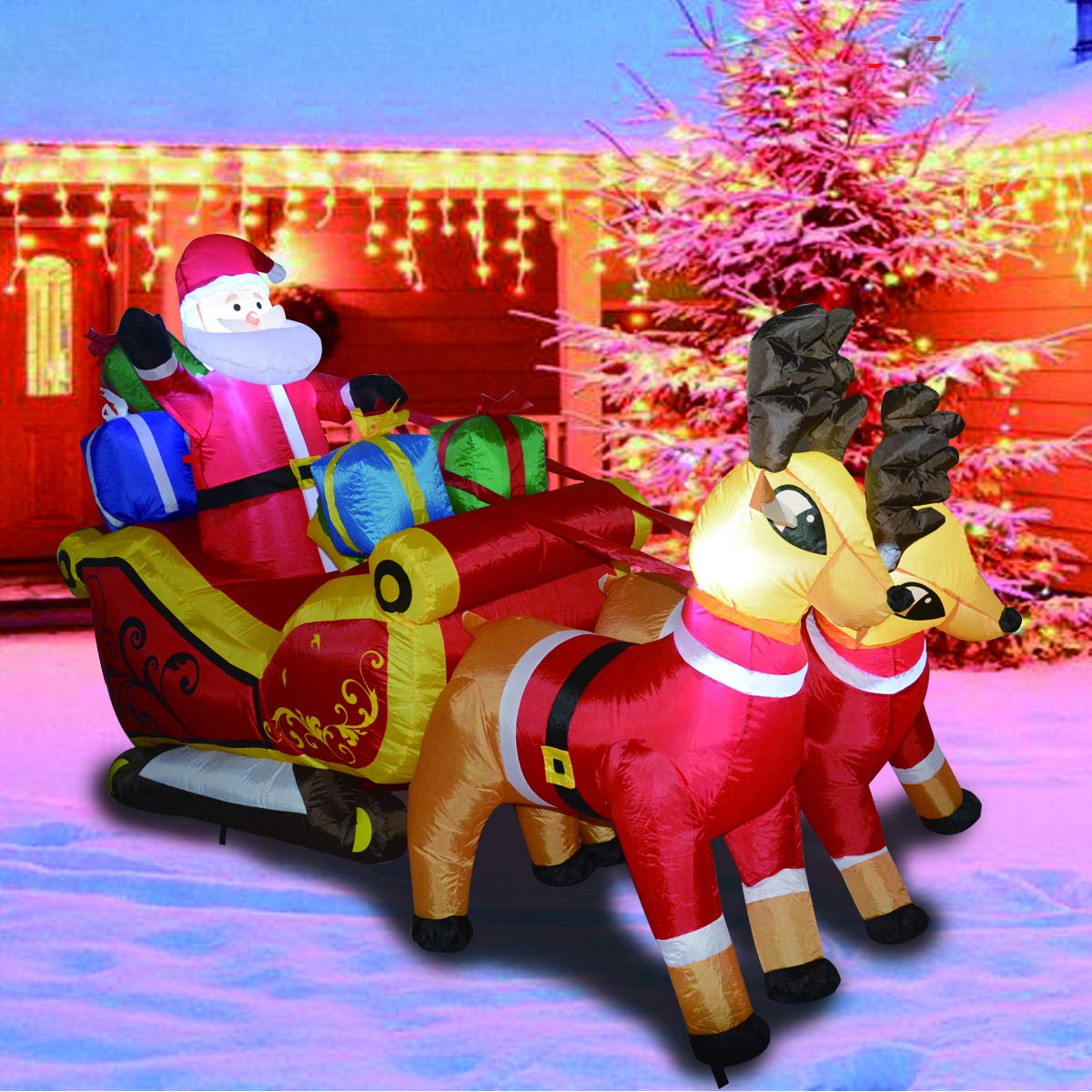 7 Foot Long Christmas Inflatables Outdoor Decorations Santa And Reindeer With Gift In Sleigh Xmas Blow Up Decoration For Yard Lawn Home Holiday Outdoor Decor Outdoor Holiday Decorations Inflatable Yard Decorations