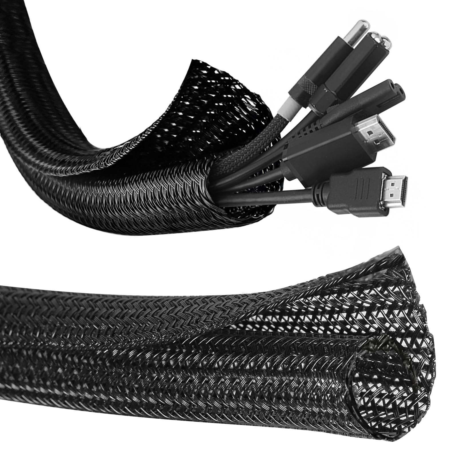 ZAVIA Cable Tidy Sleeve | Wire Covers for Cables 10ft-1/2inch Cable Sleeve for Computer, TV, Home, Office| Cable Management Sleeve | Braided Cable Sleeve with Slot Opener (Black)