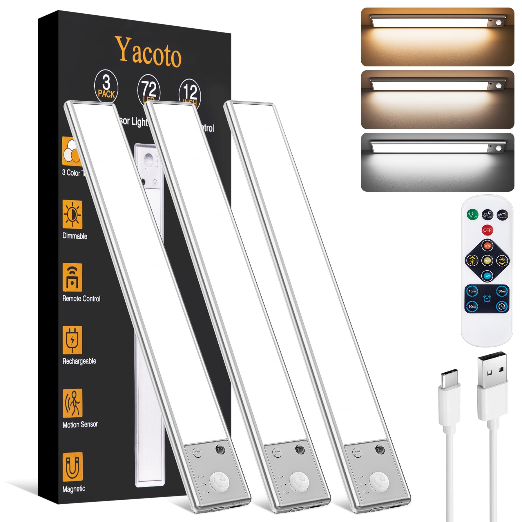 Photo 1 of Yacoto Under Cabinet Lighting with Remote Control, 72 LED Motion Sensor Light Indoor 2200mAh Rechargeable Closet Lights 3 Color Dimmable Wireless Under Counter Light for Kitchen, Pantry, Home, 12Inch