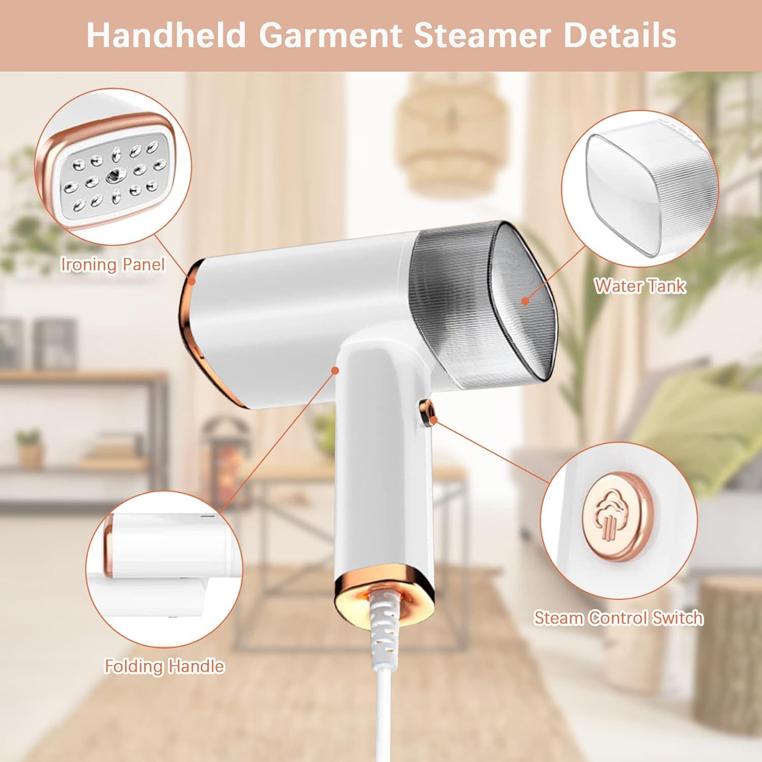 IVYARD Handheld Clothes Steamer, Travel Steamer mini for Clothes, Garment Steamer for Clothes with 1000W Fast Heat Fabric Wrinkles Remove with Brush For Home Business Trip, middle, White