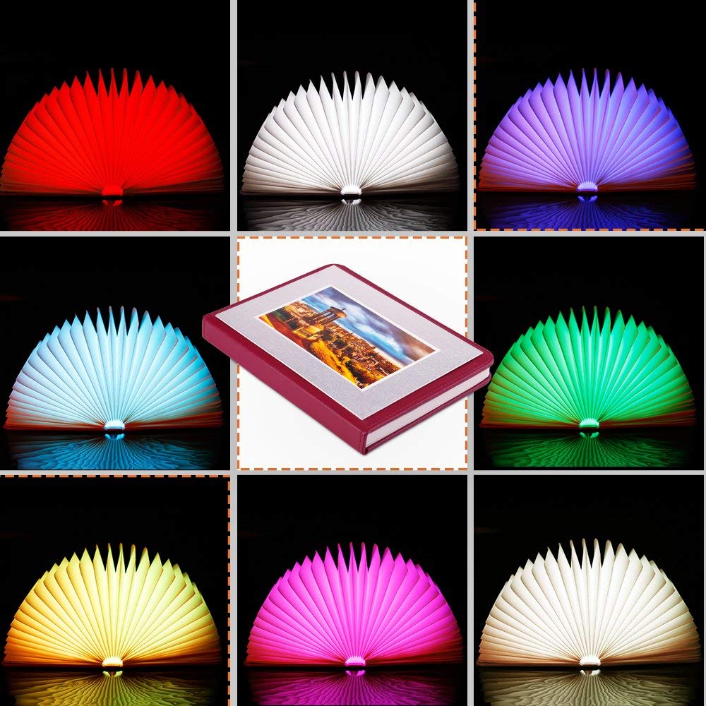 Veesee Mini 8 Colors Folding Book Lamp,Led Book-Shaped Night Light for Valentine's Day Gift,Rechargeable Desk Table Nightstand Bedroom Lamps,Beside Bed Lights(Red Brown)