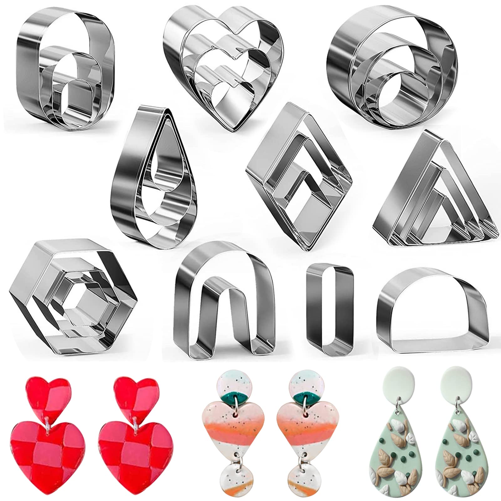 24 Pcs Polymer Clay Cutters Clay Earring Cutters, Clay Cutters Handmade, Stainless Steel Polymer Clay Cutters, Cookie Cutters Set for Making Jewelry Biscuit Fondant Cake Cookie Dessert, 10 Shapes