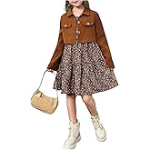 Floerns Girl's 2 Piece Fall Outfit Long Sleeve Corduroy Jacket Butterfly Print Cami Dress Sets