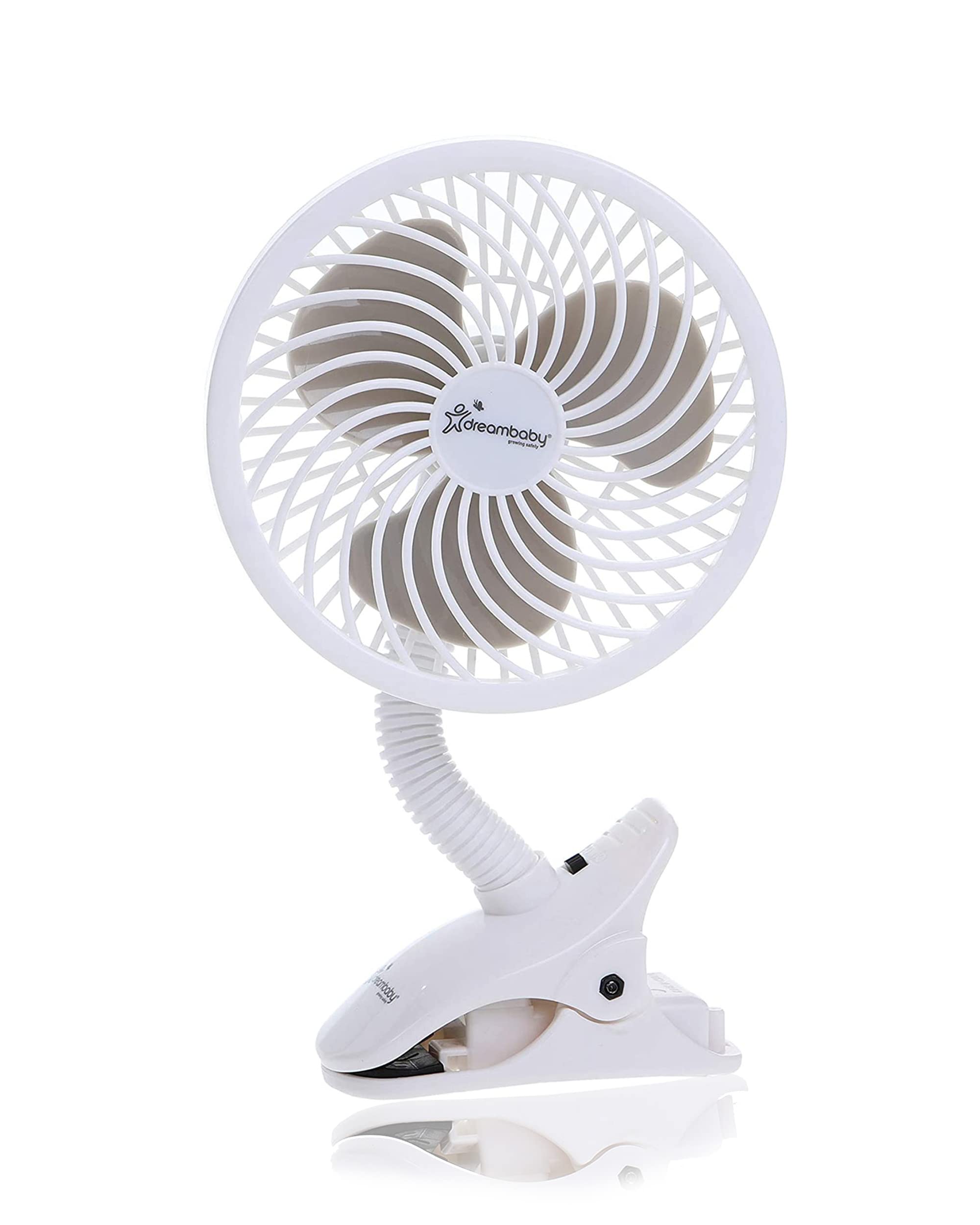 Dreambaby Pram Fan, Caged Stroller Fan for Babies - Adjustable Clip-On Fan - Portable and Convenient Cooling Solution for Strollers, Cribs, Table and Desk (Batteries not included) (White)