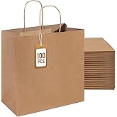 PAICUIKE 100Pcs Brown Paper Bags with Handles, Large 11x6x11 Inch Kraft Grocery Shopping & Retail Merchandise Bag, Gift Bags Bulk for Weddings, Parties, Baking