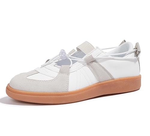 LUCKY STEP Women's Retro Fashion Sneakers Casual Comfortable Ballet Flats Lightweight Breathable Skate Shoes (White/Grey, 8US-38EU-5UK)