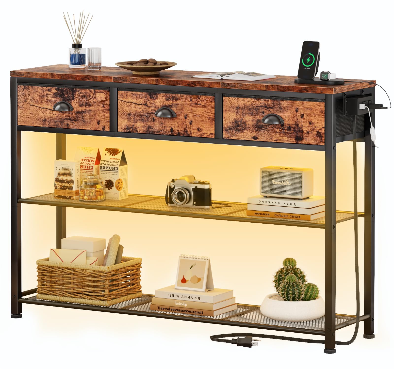 Photo 1 of Furologee Console Table with Charging Station & 3 Fabric Drawers, 38'' Entryway Table with Storage Shelves and LED Light for Entry Way, Industrial Display Shelf for Hallway, Foyer, Rustic Brown