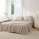 JIYUAN 100% Washed Cotton Sheet Set 4 Pieces King,1 Fitted Sheet,1 Flat Sheet and 2 Pillowcases,Comfy and Breathable Linen Like Bedding Set,Heathered Tannish Linen Grey