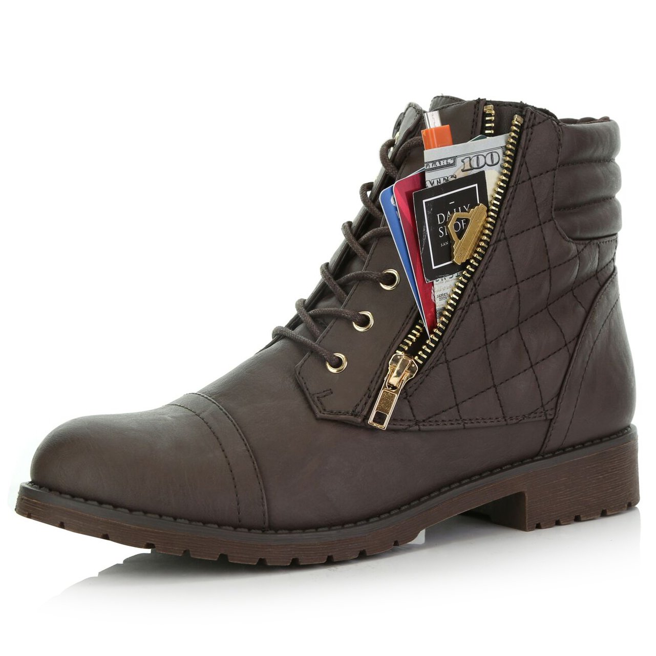 DailyShoes Women's Military Lace Up Buckle Combat Boots Ankle High Exclusive Credit Card Pocket