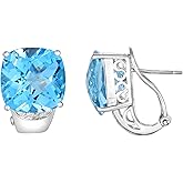 KOKAV 925 Sterling Silver 14mm Genuine Blue Topaz Diamond Accent Earrings, Cushion Cut
