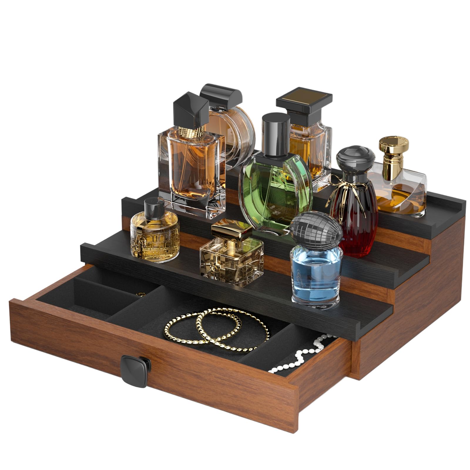 TIRYIUOU Perfume Organizer Cologne Stand: 3 Tier Wooden Men Cologne Holder Desktop Perfume Display Shelf, Bedroom Dresser Makeup Lotion Jewelry Storage Organizer with Drawer