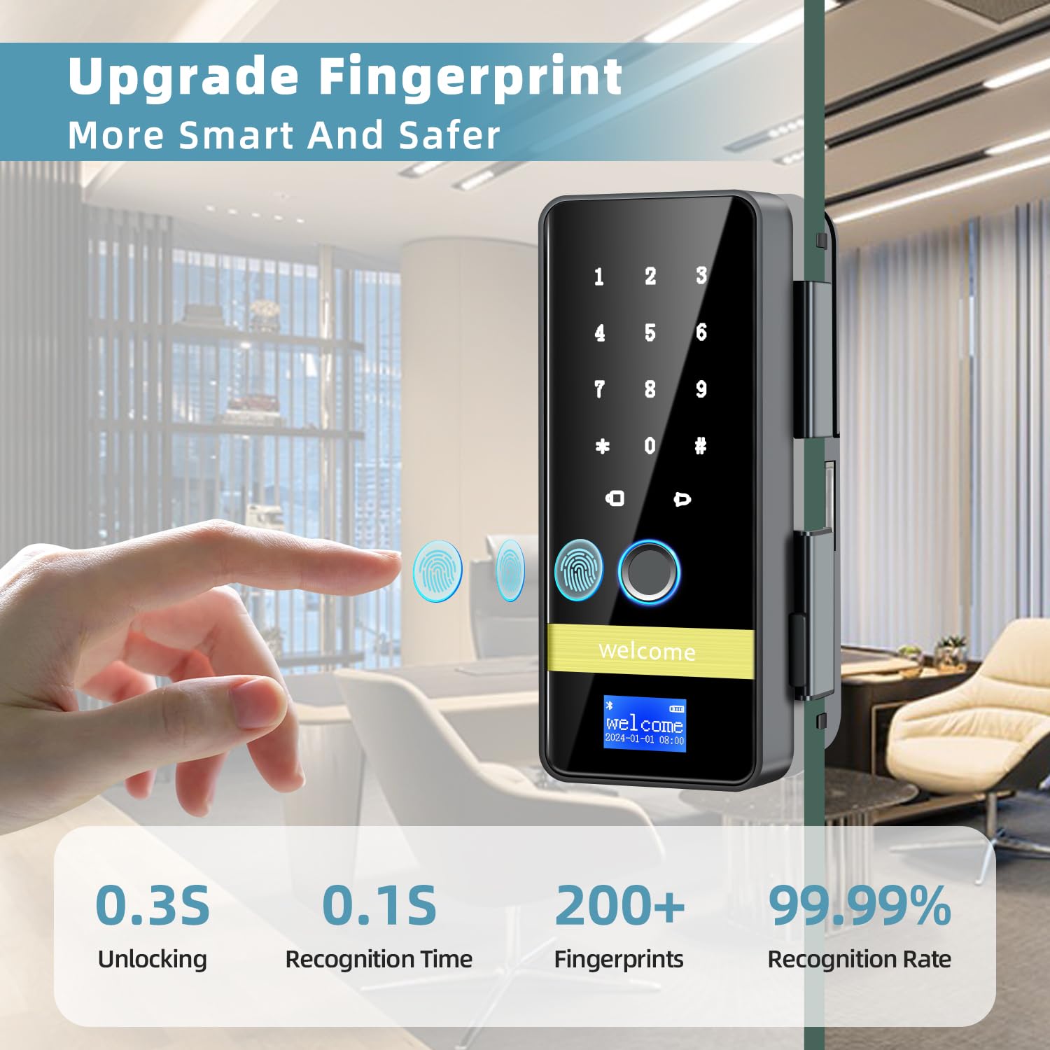 Smart Glass Door Lock, 8 in 1 Upgrade Keyless Entry Digital Door Lock, Glass Front Smart Locks with Keypad, Sliding Door Biometric Fingerprint Glass Lock, Auto Lock for Glass Doors,Office,Home,Store