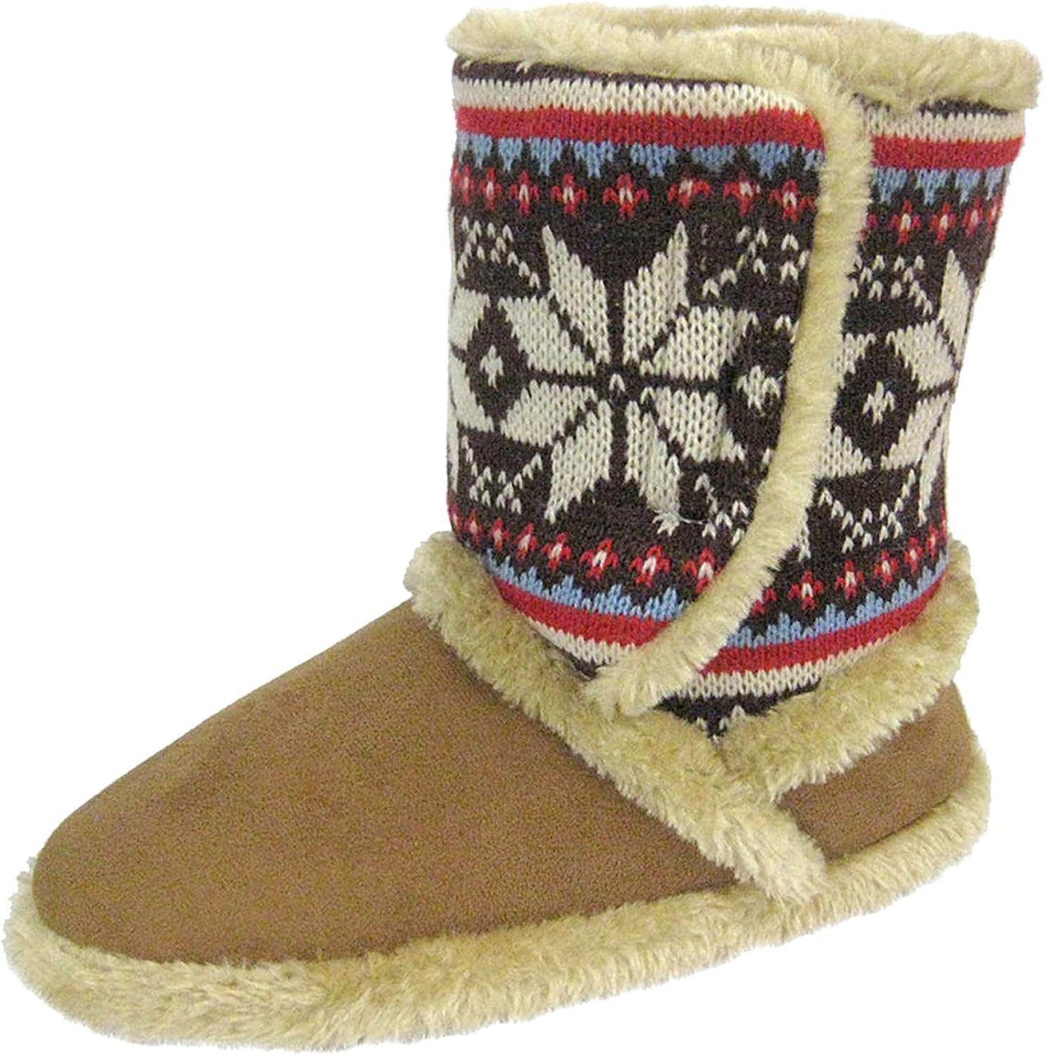 Coolers Womens Microsuede and Nordic Knit Plush Boot Slipper Beige