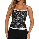 Women Y2k Lace Trim Camisole Spaghetti Strap Square Neck Sleeveless Slim Fitted Basics Going Out Tank Tops Shirts