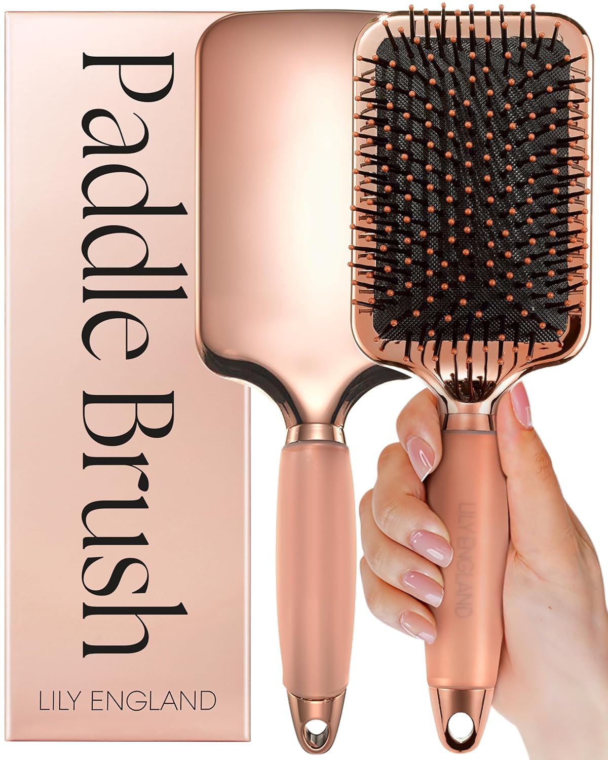 Paddle Hair Brush for Detangling, Blowdrying and Straightening - Large Hair Brush for Women and Kids with All Hair Types - Lily England Gel Handle Hairbrush: The Ideal Paddle Brush (Rose Gold/Black)