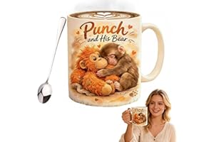 Punch Monkey Mug with Spoon Set - Punch and His Bear Ceramic Coffee Cup | Cute Baby Monkey Hugging Bear, Unique Motivational 