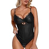 Popilush Body Suits for Womens Faux Leather Lace V Neck Shapewear Tummy Control Sleeveless Thong Corset Bodysuits