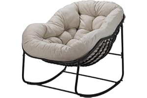 Naga Bahna Outdoor Rocking Chair, Patio Wicker Egg Chair, Indoor & Outdoor Comfy Oversized Papasan Chair with Padded Cushion, Royal Rattan Rocker for Front Porch, Garden, Patio (Beige)