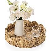 Round Wicker Scalloped Serving Tray with Handles - Seagrass Handwoven Trays,Water Hyacinth Tray for Home Decor and Living Room, Dining Table, Bathroom Organizing, 13" L x 13" W x 3.5" H