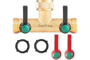 ZAAKWANG Garden Hose Splitter, Heavy Duty Solid Brass 180 Degree T Type with Independent Shut-Off Valves, 3/4inch two way High Flow Tap Connector with 2 Extra Washers and two extended handles