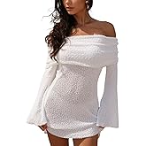 Unybwonn Women's Off Shoulder Mini Short Dress Bodycon Long Sleeve Crochet Sexy Going Out Mesh Elegant Sweater Dresses