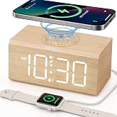 Acedeck Wooden Digital Dual Alarm Clock with Wireless Charging for Bedrooms | 15W Fast Wireless Charger Station for iPhone Sa